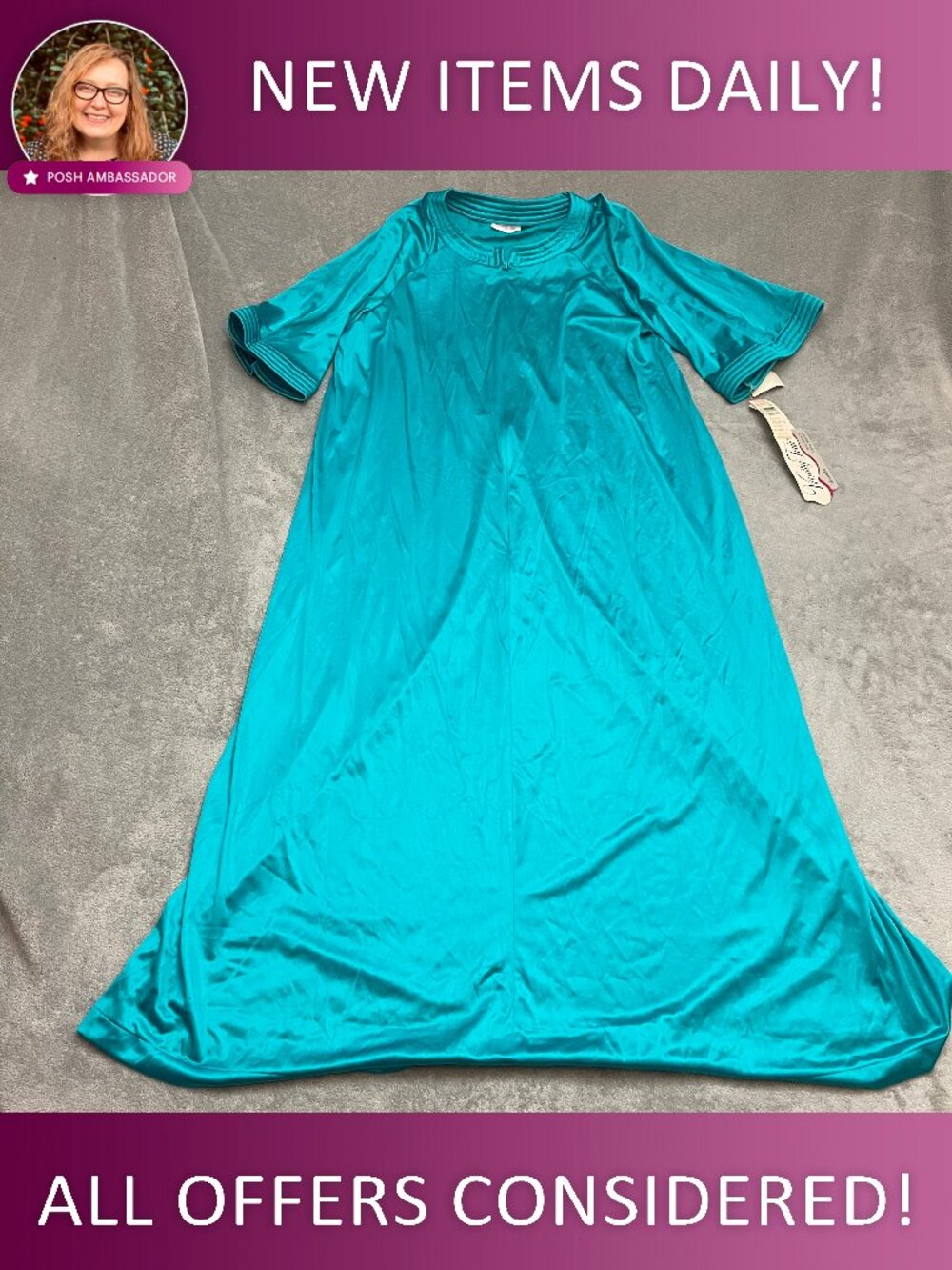 Vintage Deadstock Vanity Fair Lingerie Nightgown Teal Nylon L Sweep Made in USA